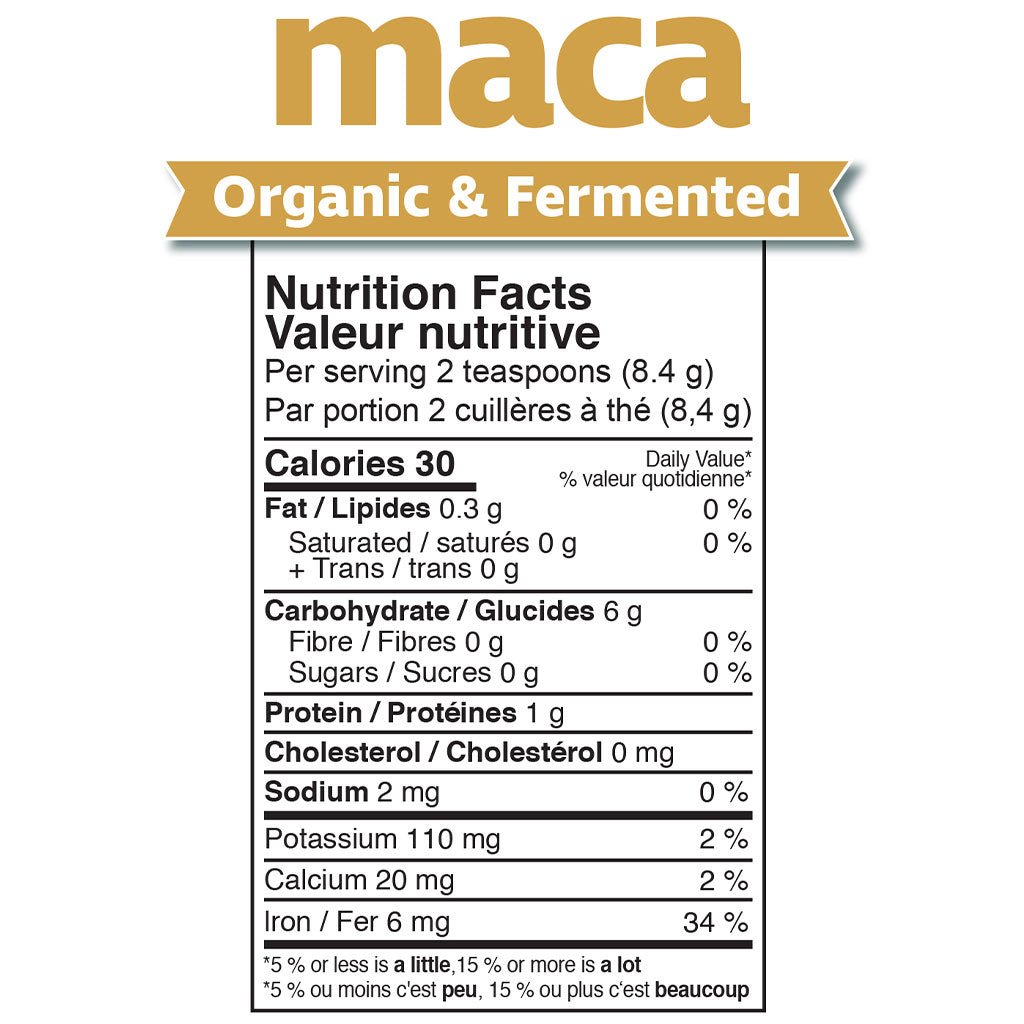 Prairie Naturals Fermented Organic Maca, 150g Nutrition Panel - SupplementSource.ca