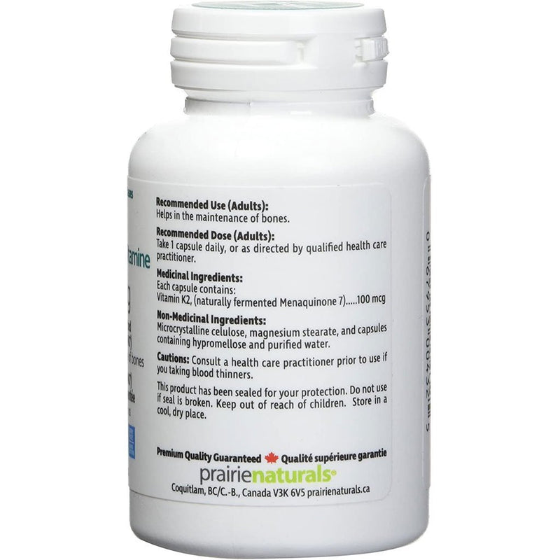 Prairie Naturals VITAMIN K2 MK7 100mcg, 60 vcaps Nutritional Panel - SupplementSourceca