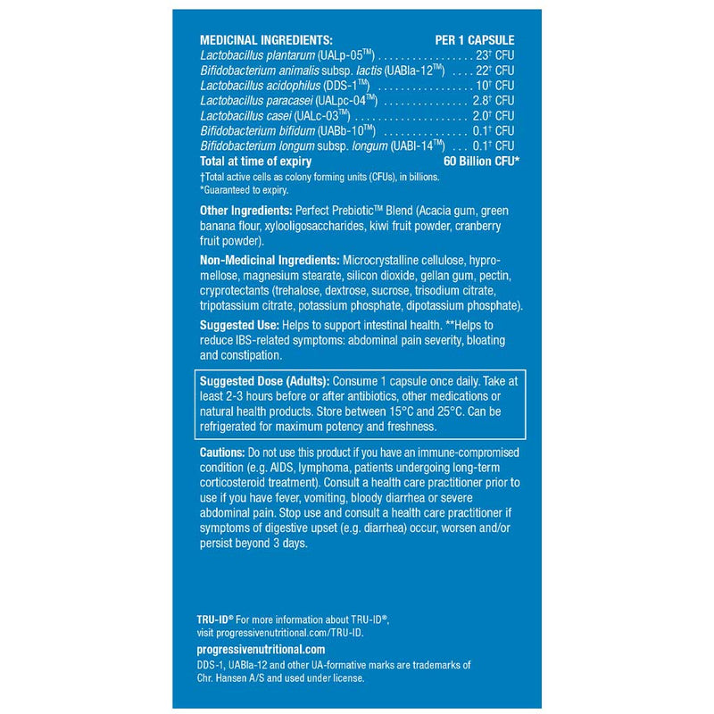 Progressive Perfect Probiotic 60 Billion 60 VCaps Improved Formula Nutrition Panel - SupplementSource.ca