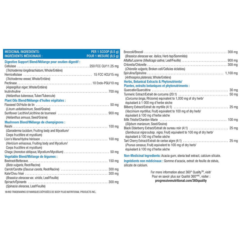 Progressive Vegegreens, 60 Servings *New Formula* Original Flavour Nutrition Panel - SupplementSource.ca
