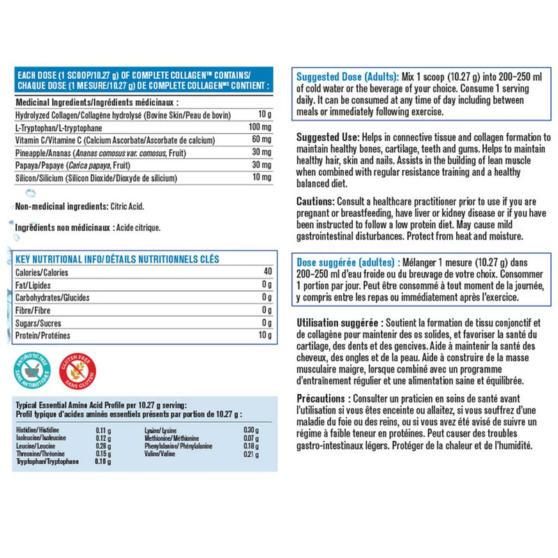 Progressive Complete Collagen nutrition panel - SupplementSource.ca
