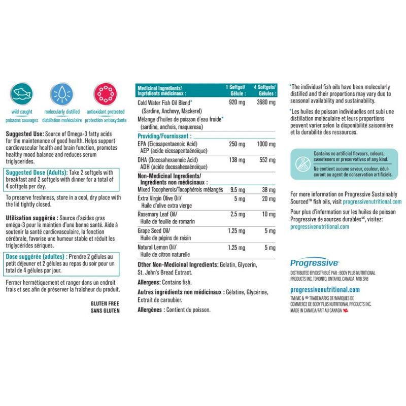 Progressive OMEGESSENTIAL FISH OIL, 120 Softgels Nutritional Panel - SupplementSourceca