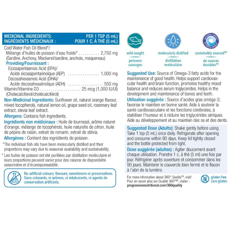 Progressive OMEGESSENTIAL FISH OIL +D Orange Nutritional Panel - SupplementSource.ca