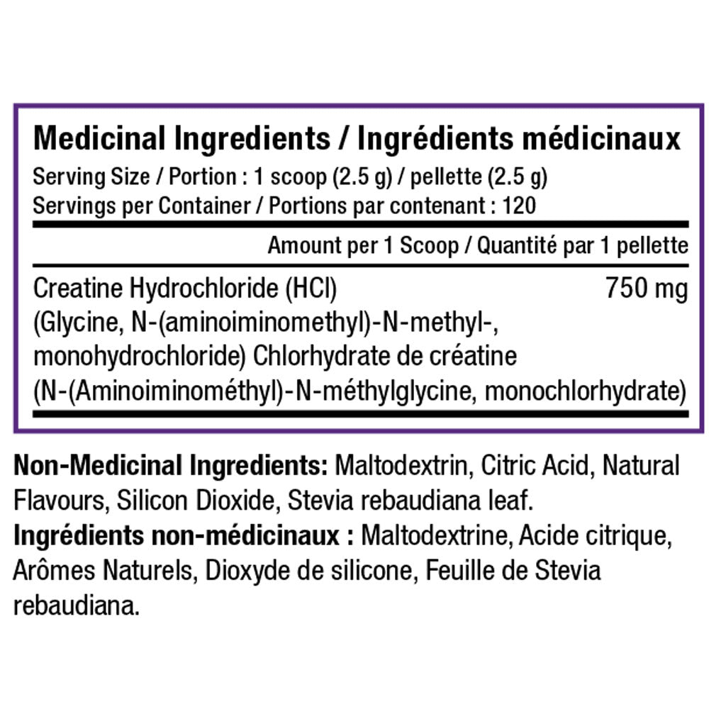 SD Pharmaceuticals Creatine HCL Powder 300g Blue Raspbery Nutrition Panel - SupplementSource.ca