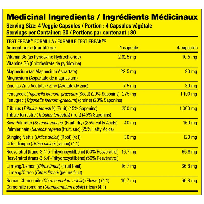 SD Pharmaceuticals Test Freak 120 Veggie Caps Nutrition Panel - SupplementSource.ca