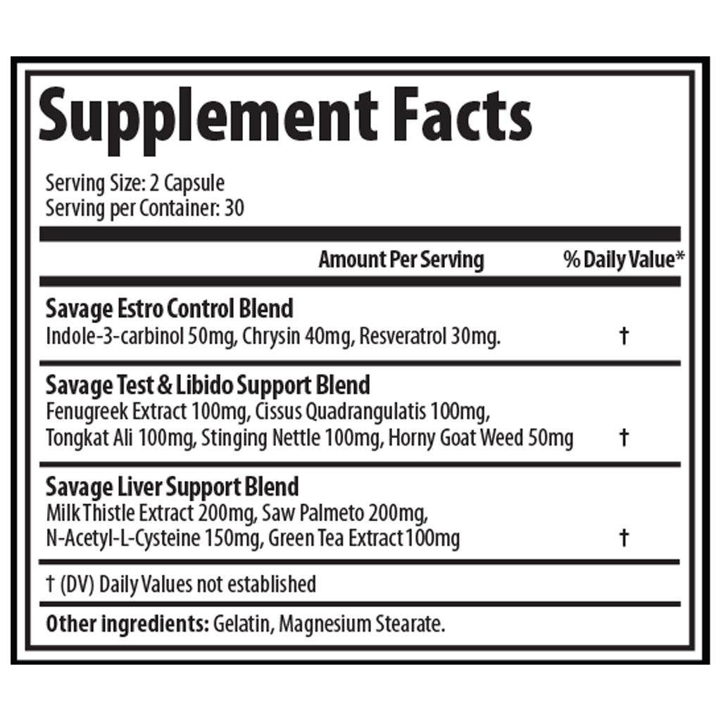 SavageLine Labs P.C.T. Recovery 60 Capsules Nutrition Panel - SupplementSource.ca