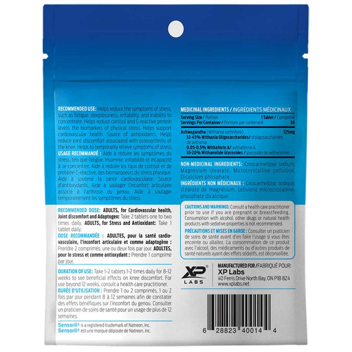 XP Labs Sensoril Ashwagandha 30 Tablets Nutrtion Panel - SupplementSource.ca