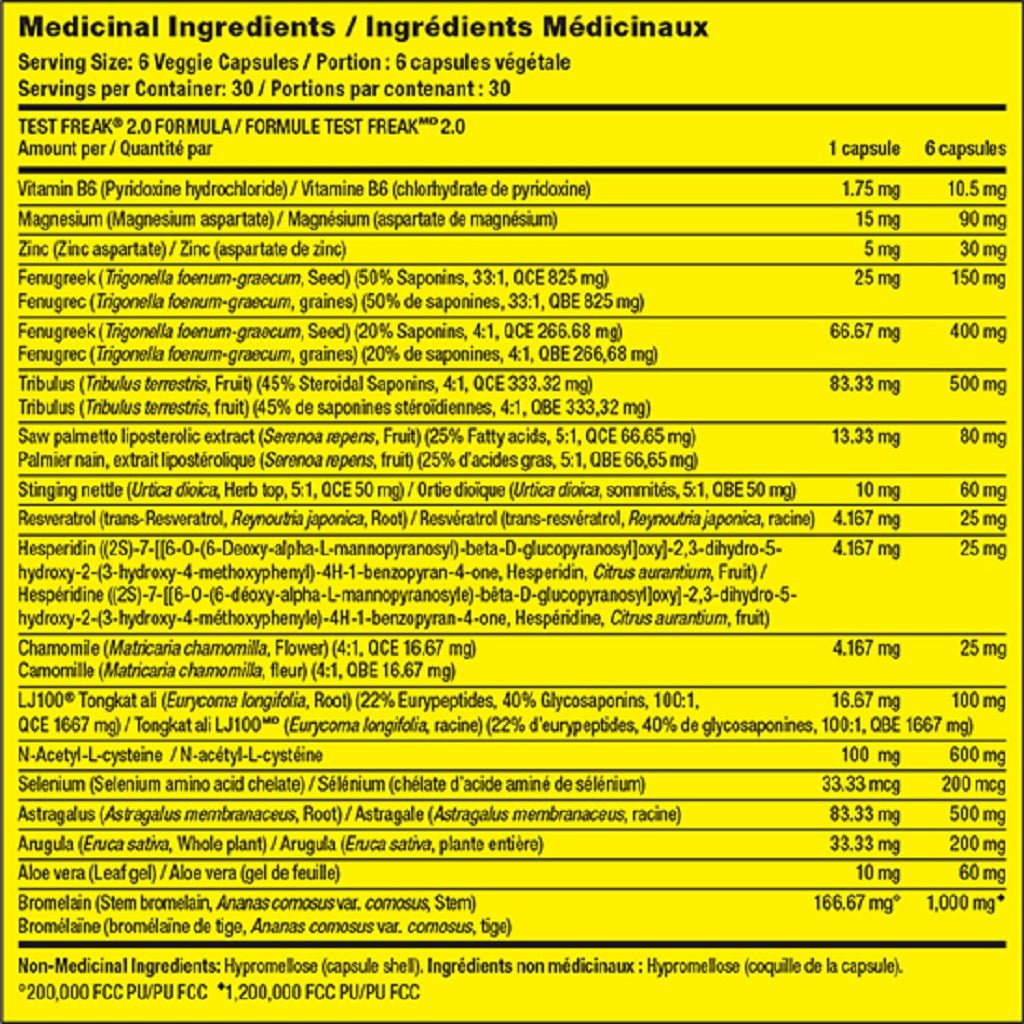 Pharmafreak Test Freak 2.0 180 Capsules  Nutrition Panel - SupplementSource.ca