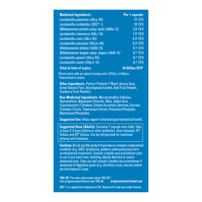 Progressive Perfect Probiotic Daily Care 30 Billion 30 Vcaps Nutrition Panel - SupplementSource.ca